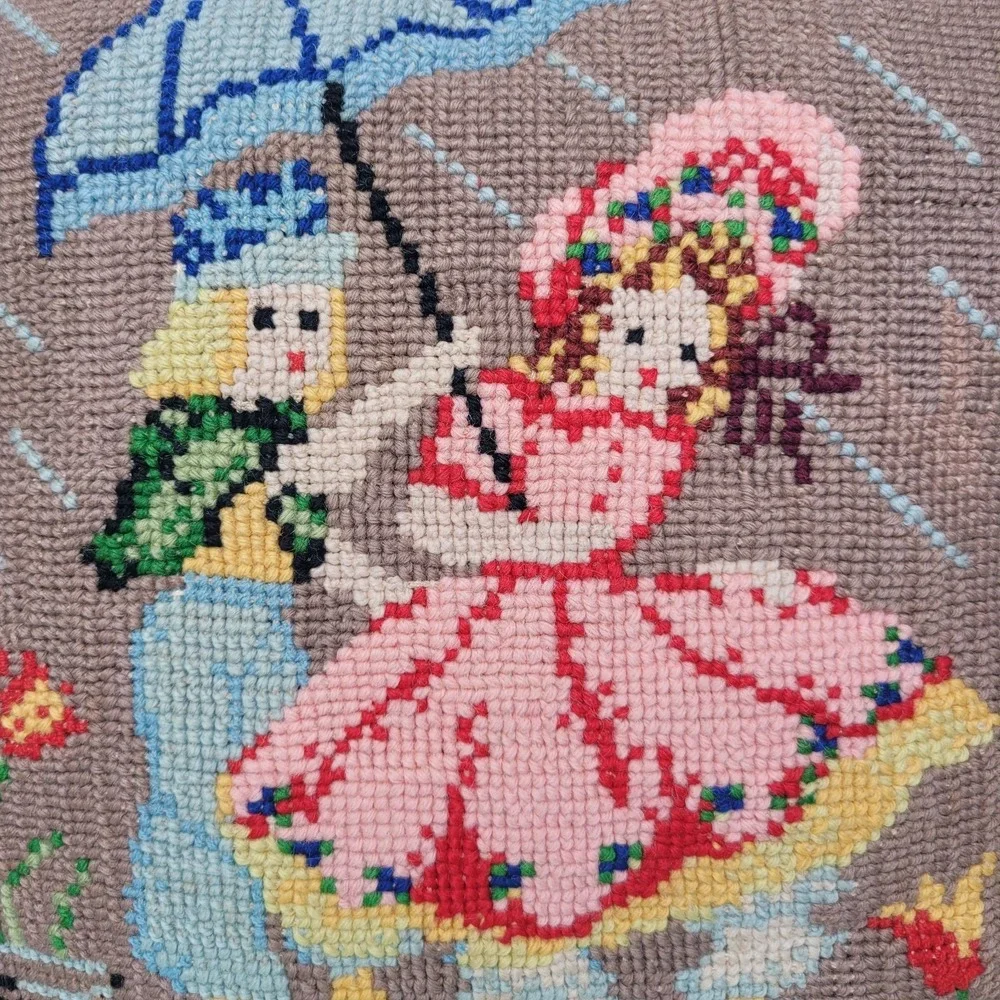 Vintage 2 Girls with Umbrella Needlepoint Pillow 13